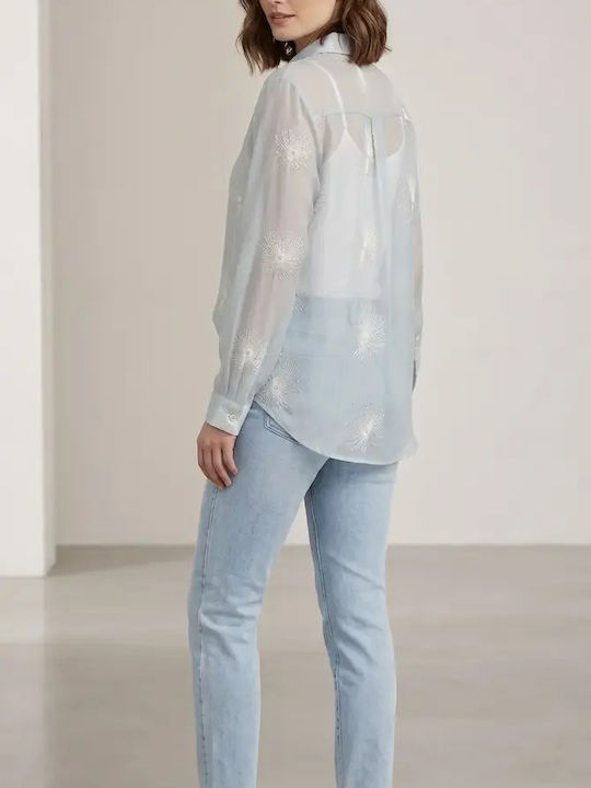 Cămașă De Damă Din Denim Mânecă Lungă Verde Floral