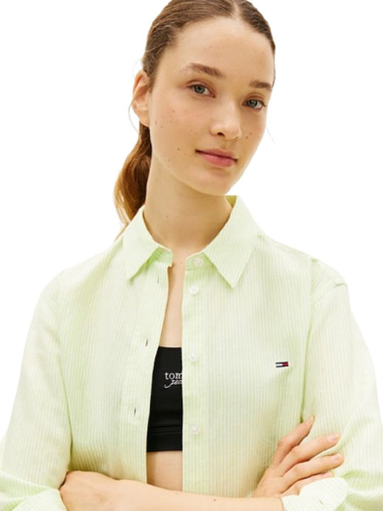 Μακρυμάνικο Γυναικείο Λινό Πουκάμισο Faded Lime/stripe Green Ριγέ