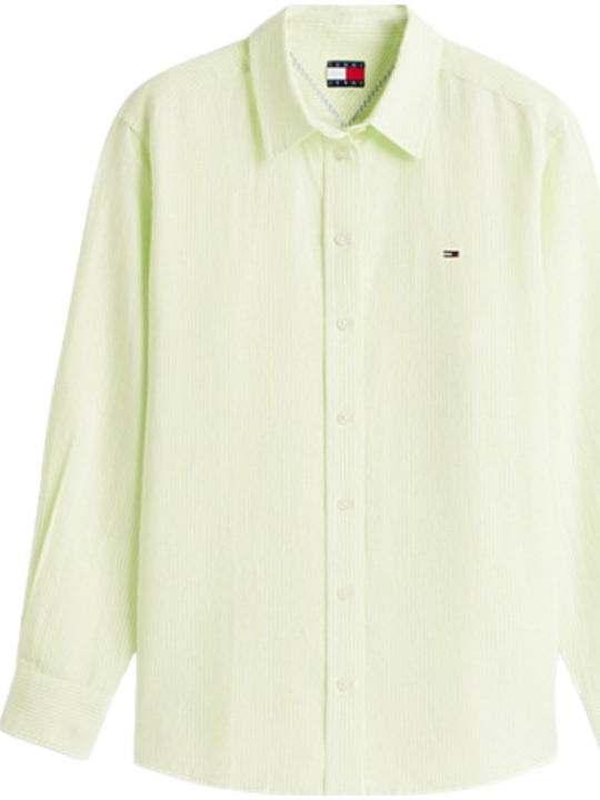Μακρυμάνικο Γυναικείο Λινό Πουκάμισο Faded Lime/stripe Green Ριγέ