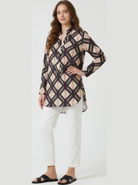 Long Sleeve Women's Shirt Beige Black Bordeaux
