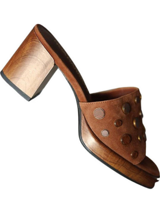 Leather Mules With Heel In Brown Colour