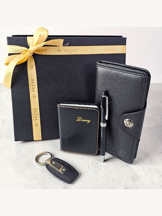 Business Kit Men's Gift Set Long Wallet Notebook Keychain Pen Black In Elegant Box