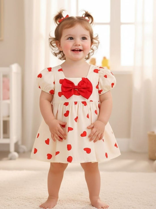 Girls Dress Short Sleeve Ecru/Red