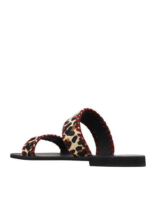 Women's Flat Sandals E1-185-PONY-Leopard With Bordeaux Trim