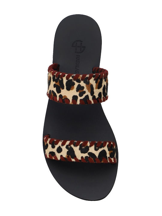Women's Flat Sandals E1-185-PONY-Leopard With Bordeaux Trim