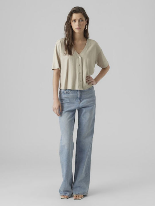 Women's Summer Linen Blouse with 3/4 Sleeve and V-Neck Silver