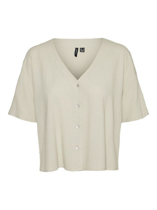 Women's Summer Linen Blouse with 3/4 Sleeve and V-Neck Silver