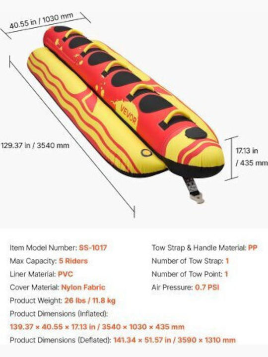 Vevor Towable Tubes Boating 5 Riders Inflatable Boat Tubes Towables 385 Kg Capacity Water Sport Tube Boat To Pull Full Nylon Cover Padded Grip Handles & Safety Valve