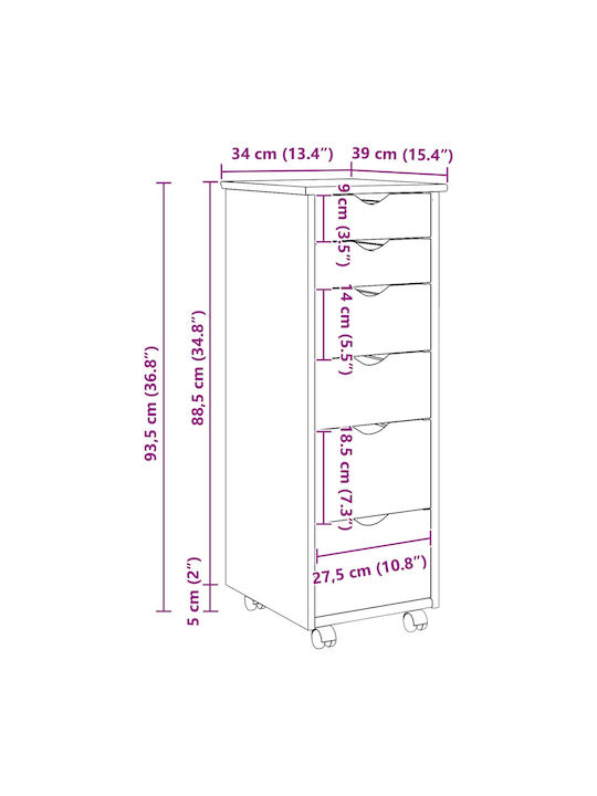 Office Drawer Made of Solid Wood with Wheels & Drawers White 34x39x93.5cm