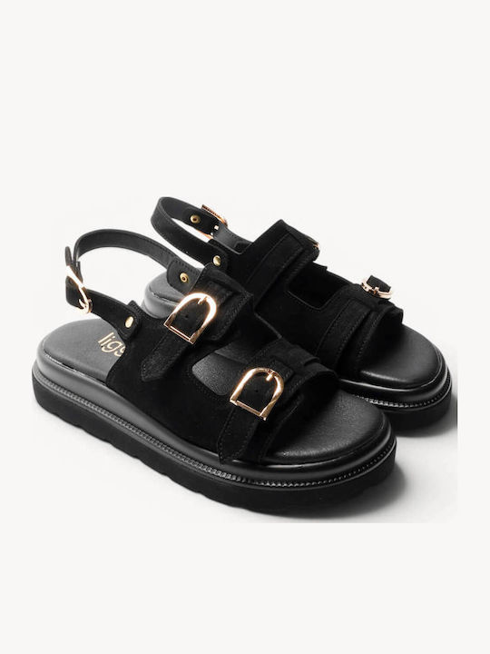 Μαύρα Δερμάτινα Flatforms Δύο Ρυθμιζόμενα Λουράκια