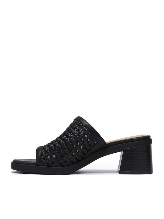 Leather Women's Mules with Chunky Low Heel in Black Color