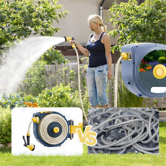Anvelopă Furtun Grădină Automată Zola Montată pe Perete 20 M 1/2" Sistem de Blocare Retragere Automată 51x26x40 Cm Gri Galben