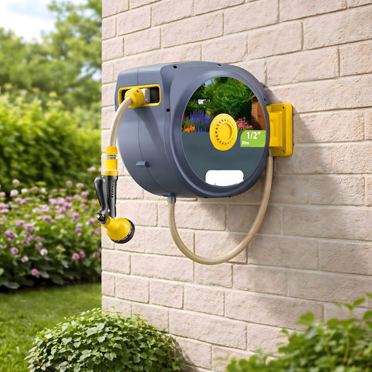 Anvelopă Automată Furtun Grădină Zola Montat Pe Perete 30 M 1/2" Sistem Blocare Retragere Automată 51 X 26 X 40 Cm Gri Galben