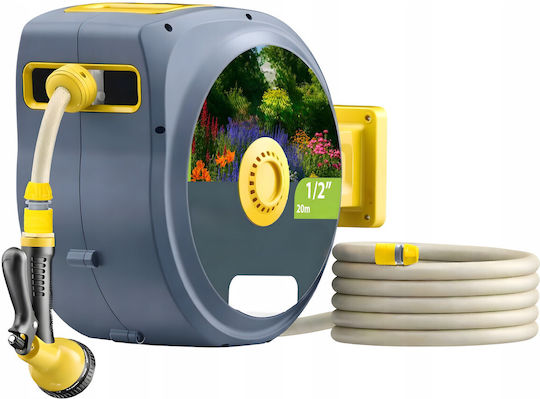 Anvelopă Furtun Grădină Automată Zola Montată pe Perete 20 M 1/2" Sistem de Blocare Retragere Automată 51x26x40 Cm Gri Galben