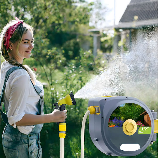 Anvelopă Automată Furtun Grădină Zola Montat Pe Perete 30 M 1/2" Sistem Blocare Retragere Automată 51 X 26 X 40 Cm Gri Galben