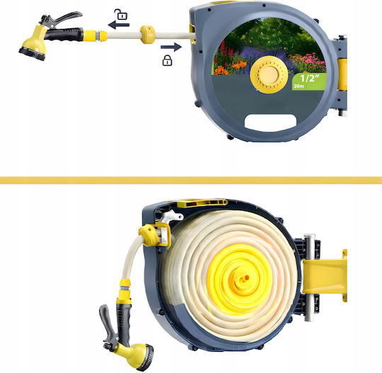 Anvelopă Furtun Grădină Automată Zola Montată pe Perete 20 M 1/2" Sistem de Blocare Retragere Automată 51x26x40 Cm Gri Galben