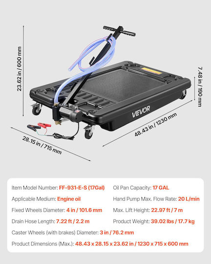Vevor Low Profile Oil Drain Pan 64l Electric Pump Hose 2.2m Vehicles Ddqcpyphs17gk6t39001v9