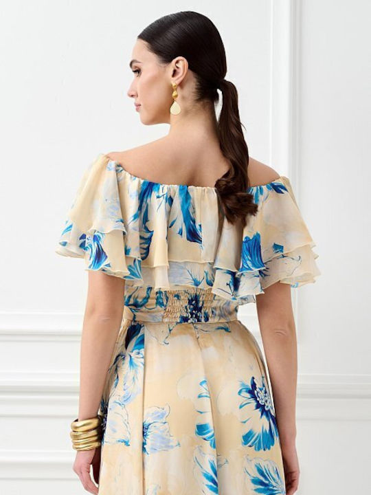 Γυναικεία Μπλούζα Off-Shoulder με Φερμουάρ Floral Μπλε