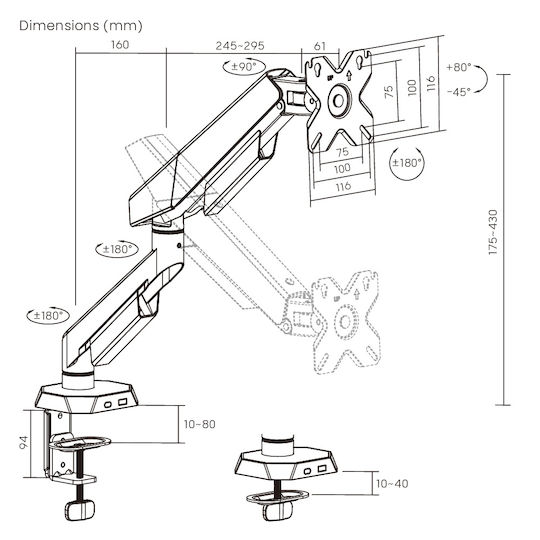 Brateck Βάση Γραφείου Οθόνης έως 40" με Βραχίονα (LDT114-C012)