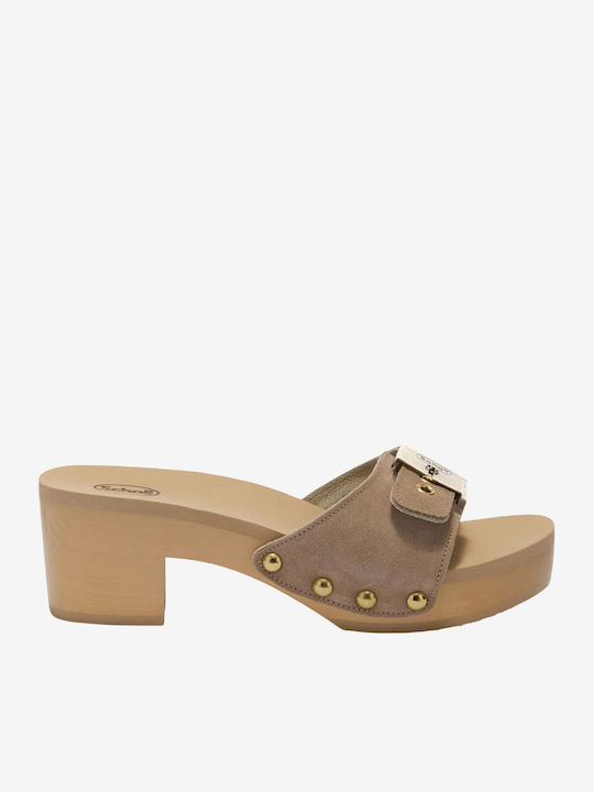Pescura Suede Mules με Χοντρό Ψηλό Τακούνι σε Μπεζ Χρώμα