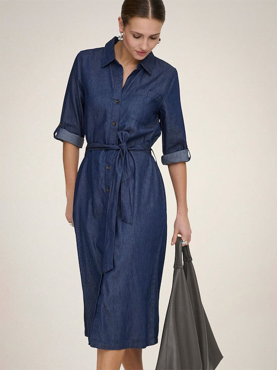 Summer Midi Shirt Dress Denim Blue