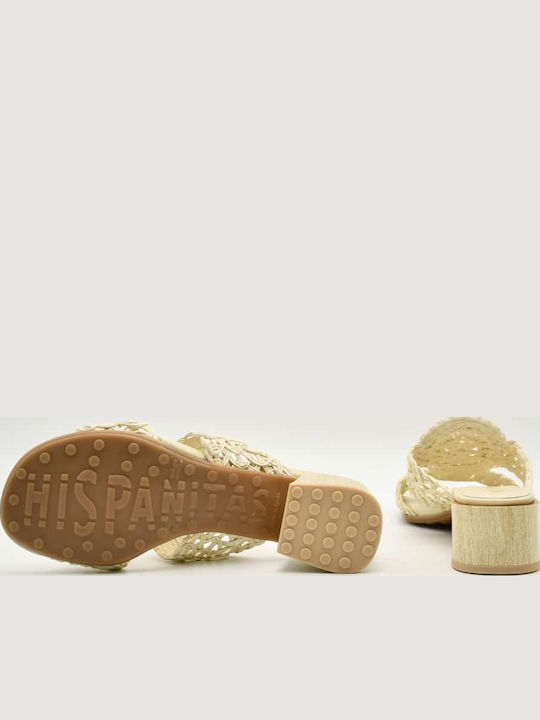 Leather Mules with Chunky Low Heel in Beige Colour