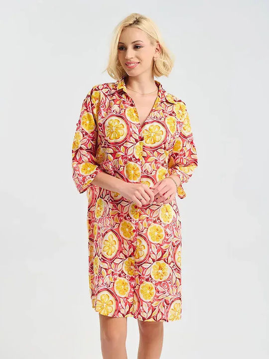 Ble Resort Collection 100% Καφτάνι Παραλίας Κοκκινο Με Κιτρινα ''λουλουδια