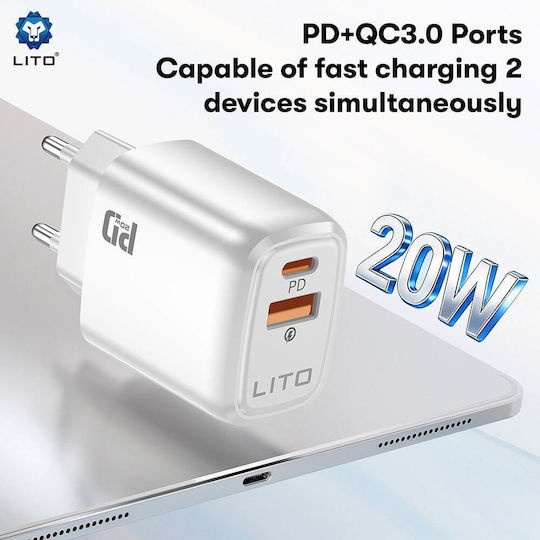 Lito Wireless Charger With USB-A Output Port And USB-C Output Port 20W Power Delivery White (LC28)