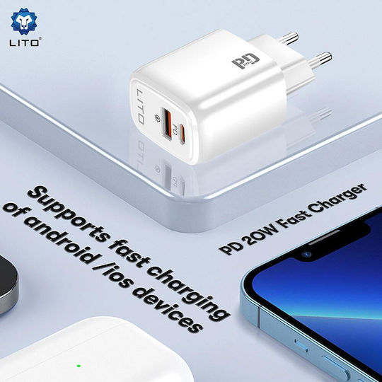 Lito Wireless Charger With USB-A Output Port And USB-C Output Port 20W Power Delivery White (LC28)