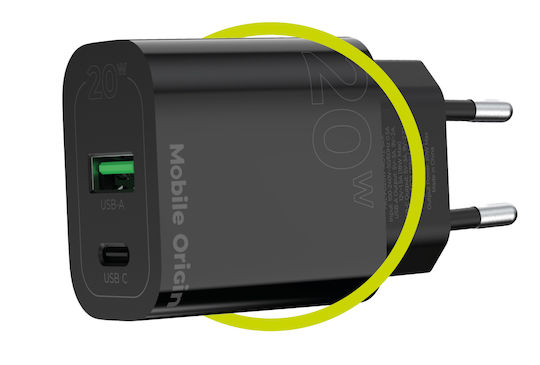 Mobile Origin Charger Without Cable with USB-A Port and USB-C Port 20W Power Delivery Black (MO12)