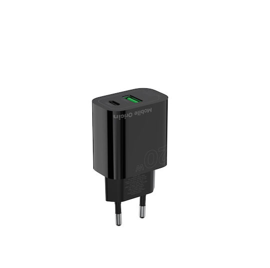 Mobile Origin Charger Without Cable with USB-A Port and USB-C Port 20W Power Delivery Black (MO12)