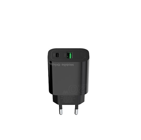 Mobile Origin Charger Without Cable with USB-A Port and USB-C Port 20W Power Delivery Black (MO12)