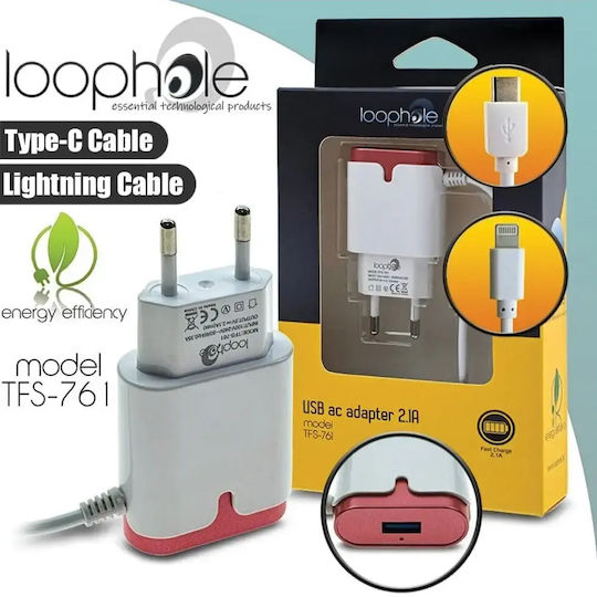 Loophole Ladegerät mit integriertem Kabel mit USB-A Anschluss Blitzschlag 10W Rots (TFS-761)