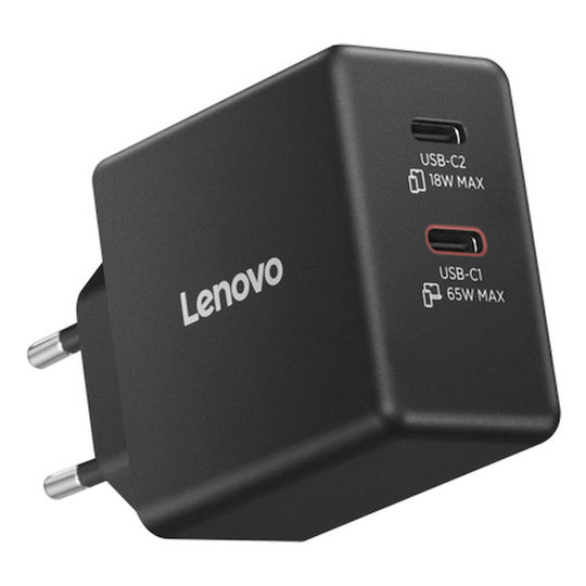 Lenovo GaN Charger with 2 USB-C Ports and USB-C - USB-C Cable 65W Black (40AW065BEU)