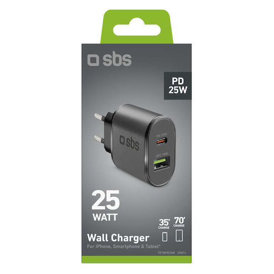 SBS Φορτιστής Χωρίς Καλώδιο με Θύρα USB-A και Θύρα USB-C 25W Power Delivery Λευκός (TETRPD20W)