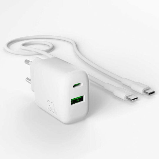 Puro Charger with USB-A Port and USB-C Port and Cable USB-C - USB-C 30W Whites