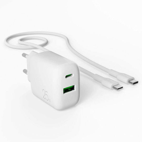 Puro Φορτιστής με Θύρα USB-A και Θύρα USB-C και Καλώδιο USB-C - USB-C 25W Λευκός (Prolite)