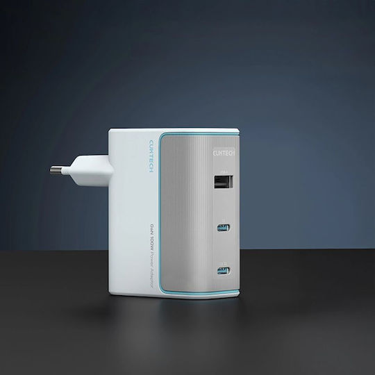 Cuktech Φορτιστής GaN με Θύρα USB-A και 2 Θύρες USB-C και Καλώδιο USB-C - USB-C 100W Λευκός (AD1003EU)
