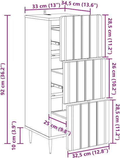 Sertar De Depozitare Din Lemn Cu 3 Sertare M33xL34.5xÎ92cm