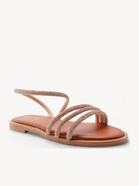 Bronzefarbene Made In Greece Flache Sandalen für Damen mit Dreifachriemen und Strass