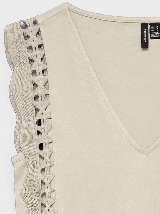 Vero Moda Damen Bluse Baumwolle Ärmellos mit V-Ausschnitt Beige
