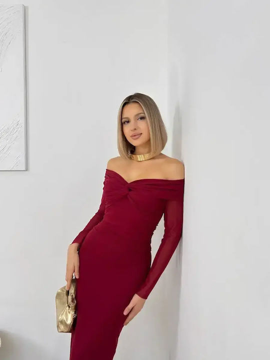 Sommer Maxi Damenkleid für Hochzeit - Taufe Trägerlos Schulterfrei mit Tüll Burgundisch