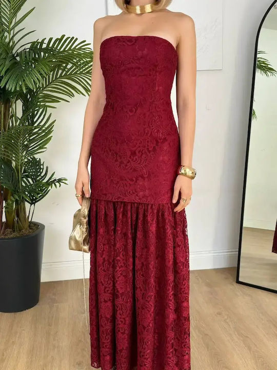 Maxi Damenkleid Für Hochzeit - Taufe Trägerlos Mit Spitze Rote