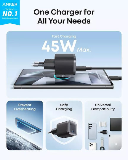 Anker Φορτιστής Χωρίς Καλώδιο GaN με Θύρα USB-C 45W Power Delivery Μαύρος (Nano)