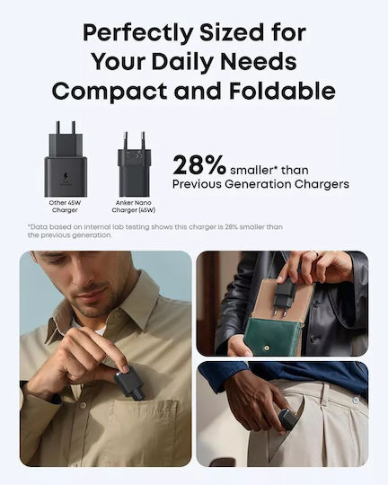 Anker Φορτιστής Χωρίς Καλώδιο GaN με Θύρα USB-C 45W Power Delivery Μαύρος (Nano)