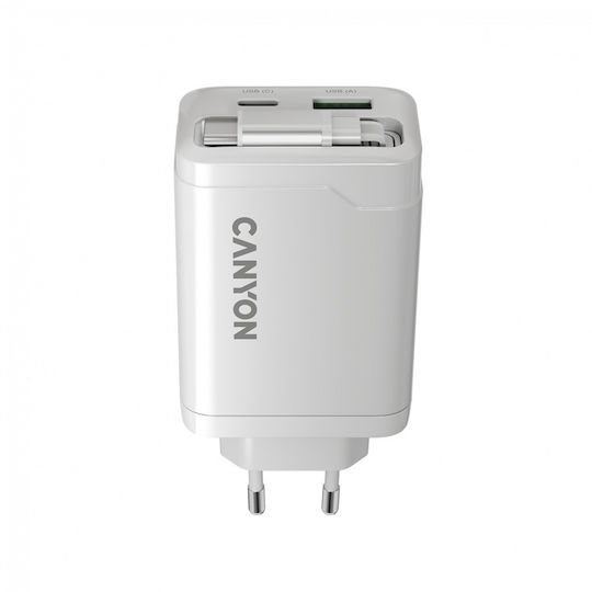 Canyon Φορτιστής Χωρίς Καλώδιο GaN με Θύρα USB-A και Θύρα USB-C και Καλώδιο USB-C 65W Power Delivery Λευκός (CNS-CURC65ACW)