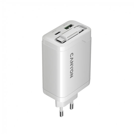 Canyon Φορτιστής Χωρίς Καλώδιο GaN με Θύρα USB-A και Θύρα USB-C και Καλώδιο USB-C 65W Power Delivery Λευκός (CNS-CURC65ACW)