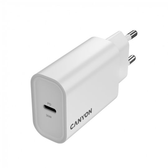 Canyon Φορτιστής με Ενσωματωμένο Καλώδιο με Θύρα USB-C 30W Power Delivery Λευκός (OnCharge)