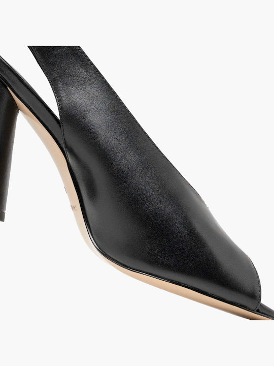 Кожени Peep Toe Обувки На Ток С Дебел Висок Ток Черни