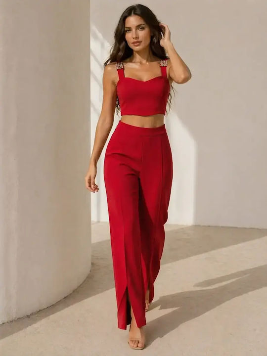 Women's Red Set with High Rise Straight Leg Trousers